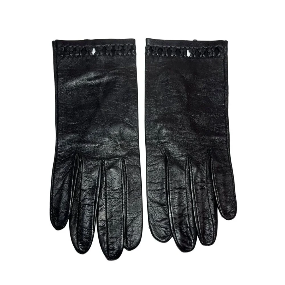 Vintage Womens Black Leather Gloves Decorative Open Detailing at Cuff